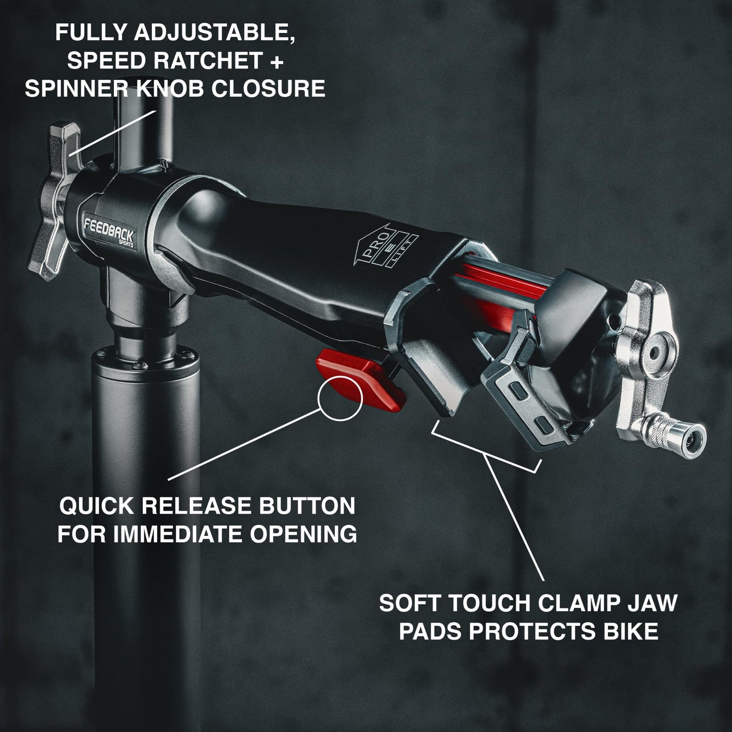 Feedback Sports | Pro E Lift Bike Repair Stand | Electric Height Adjustment, 100 lb Capacity, Speed Ratchet Clamp, Ideal for E-Bikes and Home Workshops