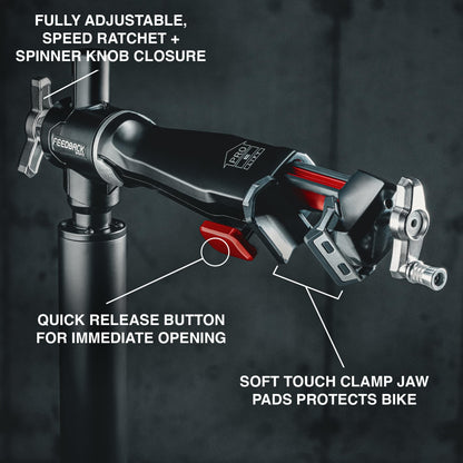 Feedback Sports | Pro E Lift Bike Repair Stand | Electric Height Adjustment, 100 lb Capacity, Speed Ratchet Clamp, Ideal for E-Bikes and Home Workshops