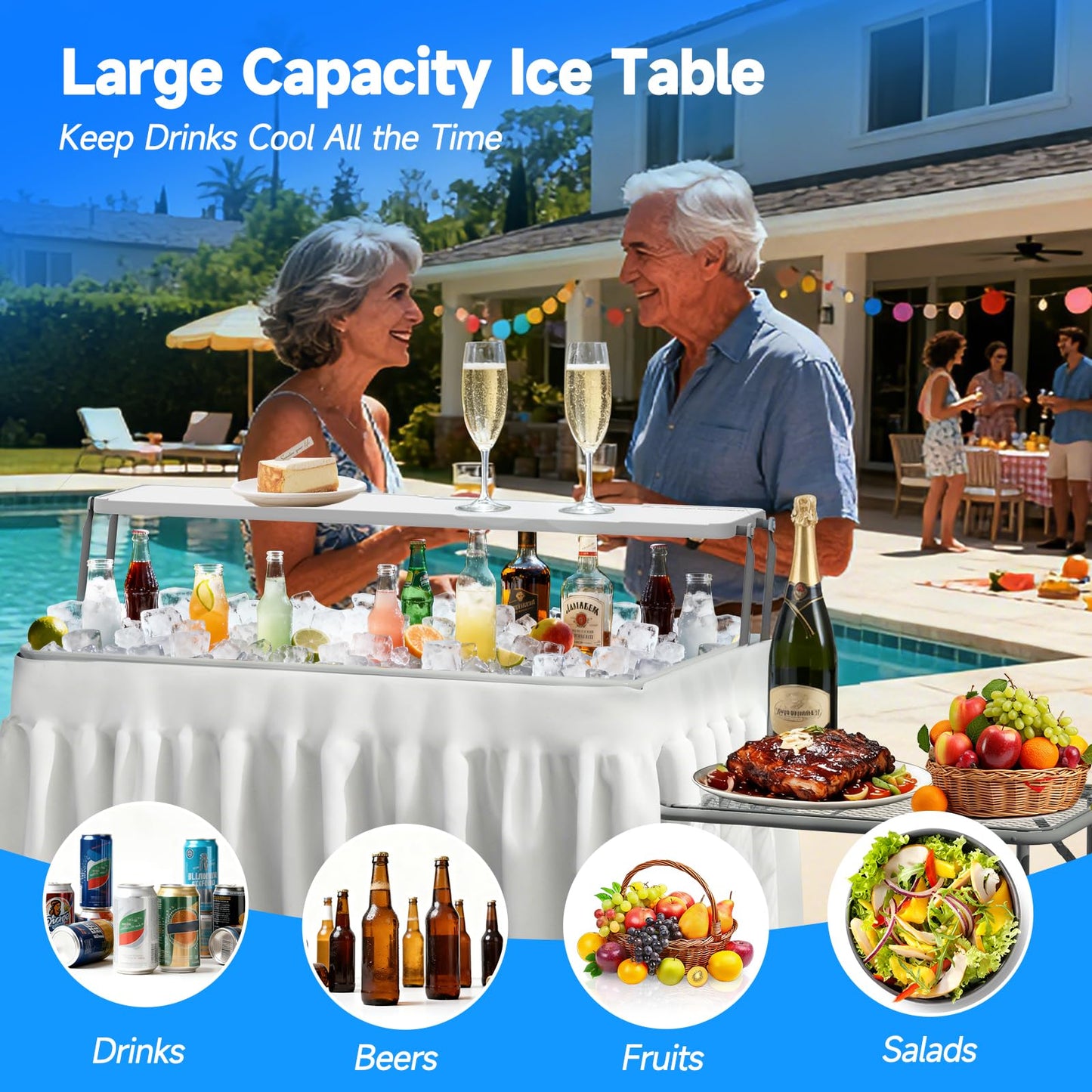 SHAREWIN Ice Cooler Folding Table with Metal Side Desktop, Double-Layer Party Chilling Table with Drain and Detachable White Skirt to Keep Drinks Cool, Ice Bar for Weddings, Outdoor, Picnics，Pool