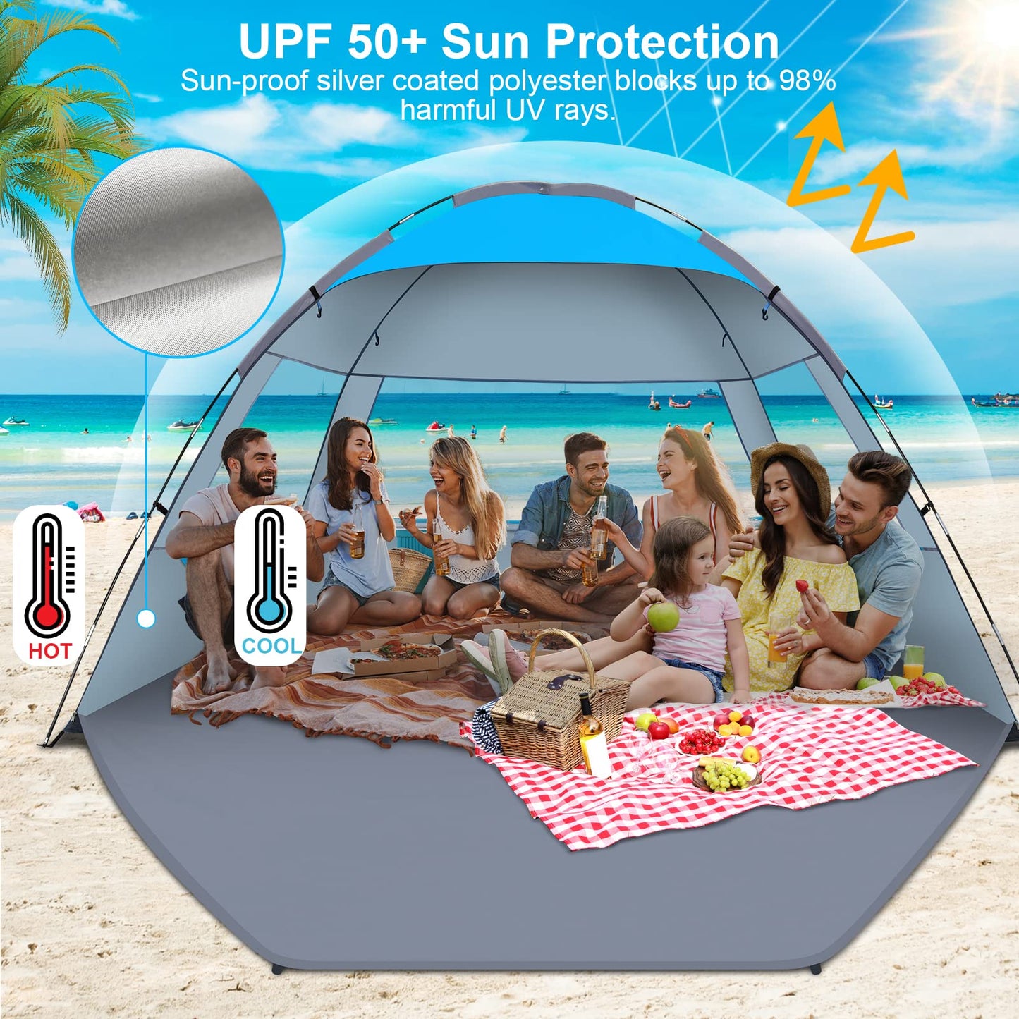 Gorich Beach Tent Sun Shelter for 3/4/6/8/10 Person with UPF 50＋ UV Protection, Lightweight & Easy Setup Beach Shade Canopy, Portable Beach Shade Tent Beach Cabana