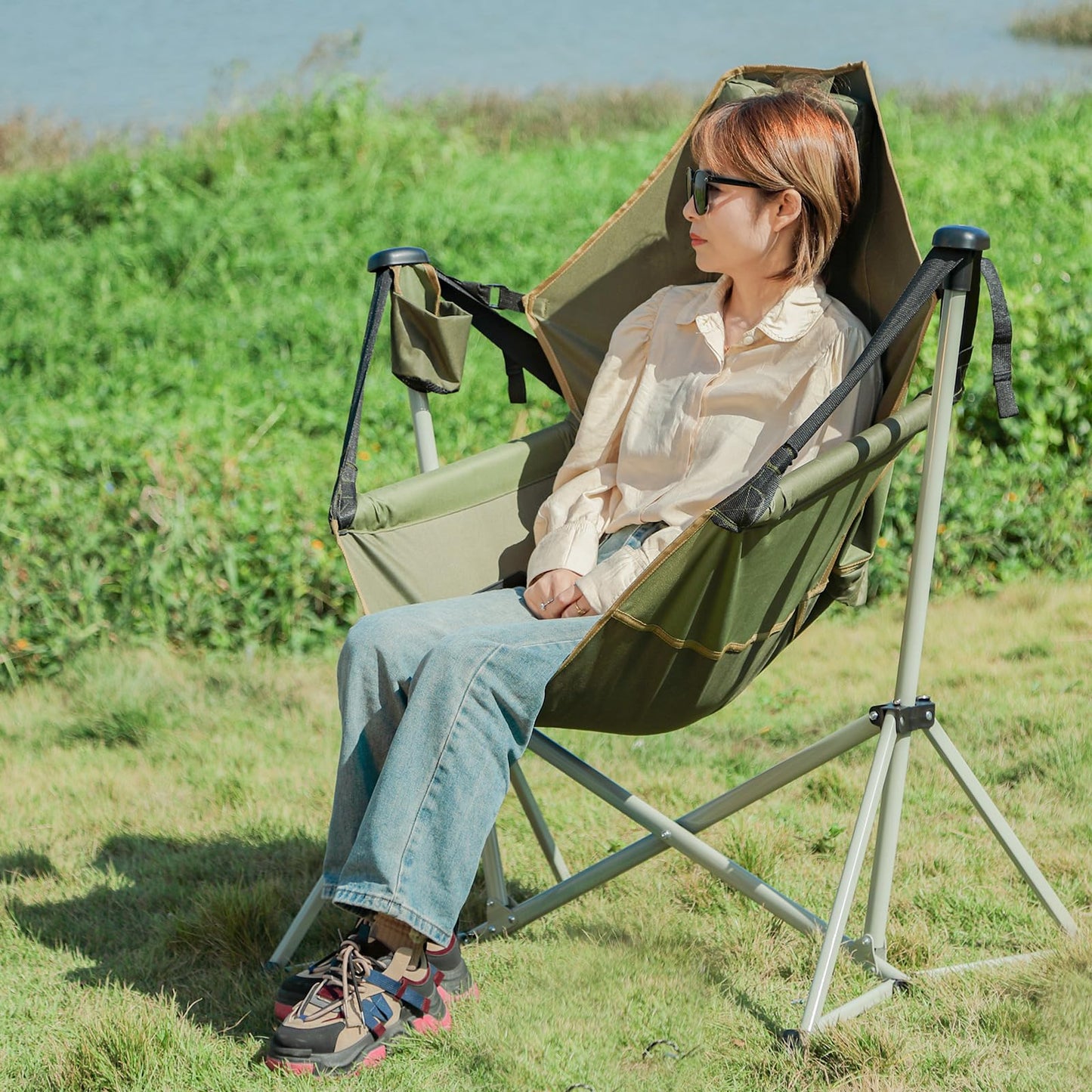 Reallnaive 2 Pcs Hammock Camping Chair with Adjustable Backrest, Heavy Duty Folding Swinging Chair Supports 300lbs, Portable for Camping, Travelling and Patio Green