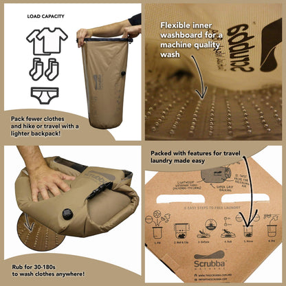 Scrubba Tactical Wash Bag & Dry Kit - Portable Washing Machine System with XL Towel, Pegless Clothesline & Hangers - Lightweight Travel Essentials Laundry Kit for Camping, Hiking, RV, Hotels