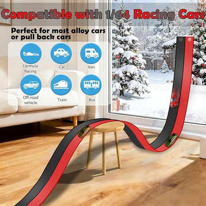 Flexible Race Track 15 Ft Starter Set Flex Tracks for Kids 3+ with Strong Suction Cups Flexible Car Race Ramp Track Compatible with Hot Wheels and Diecast 1/64 Cars Portable Rolls Up Race Tracks