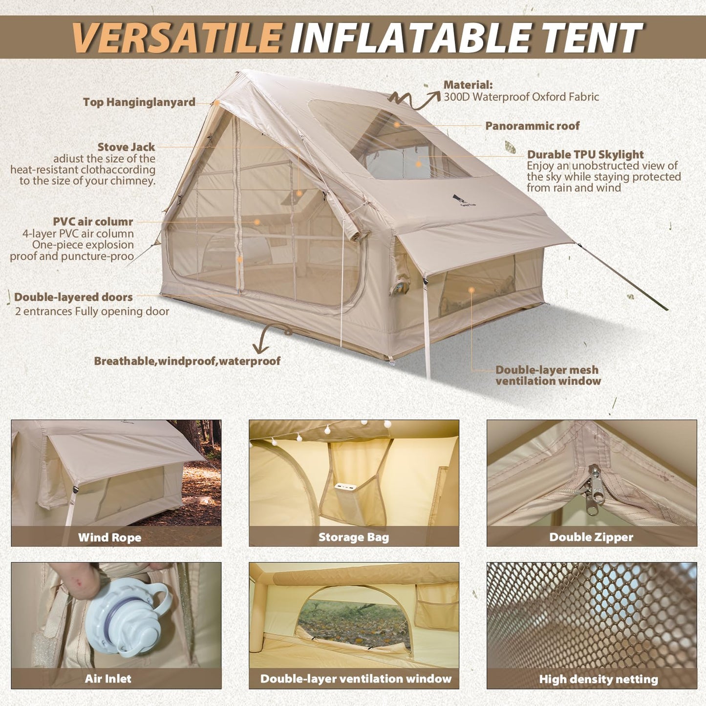 GEERTOP Large Inflatable Camping Tent with Stove Jack Instant Waterproof Blow Up Air Glamping Tent with Skylight for Family 4-6 Person 4 Season Outdoor Adventures
