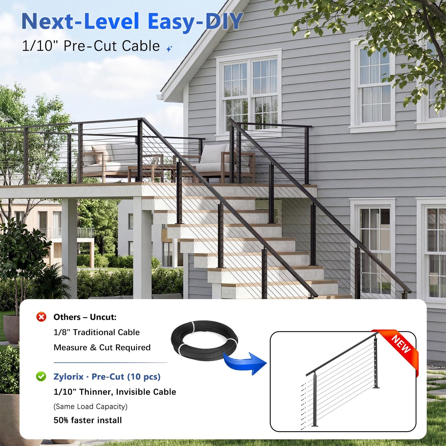 Zylorix 36" Swageless 2-4FT Black Complete Cable Railing System Post Kit with Handrail Cuttable, T304 Stainless Steel, Modular Pre-Cut 1/10" Cable Railing Kit with Stair Post for 28-38 Degree Stairway