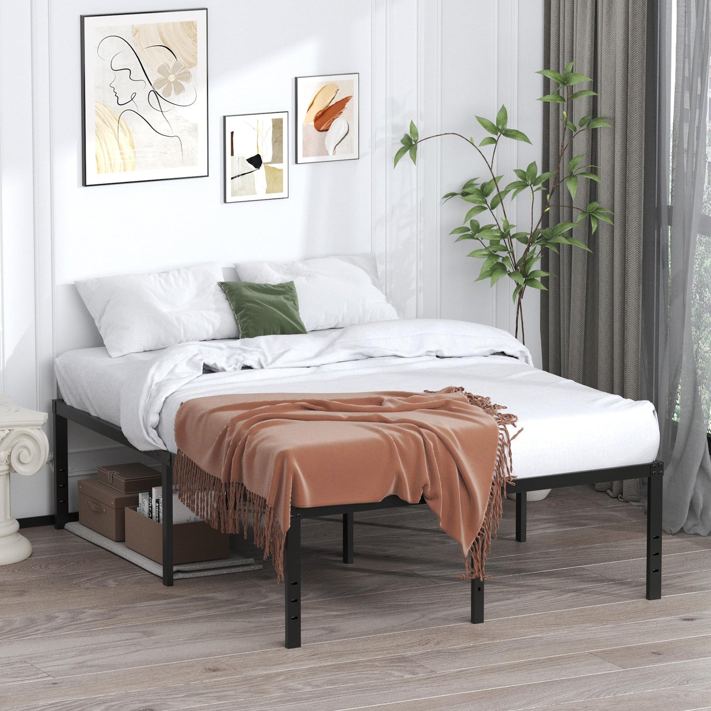 EMODA 20 Inch Queen Bed Frame No Box Spring Needed Heavy Duty Metal Tall Platform Bed Frame Queen Size with Large Storage Space, Easy Assembly, Black