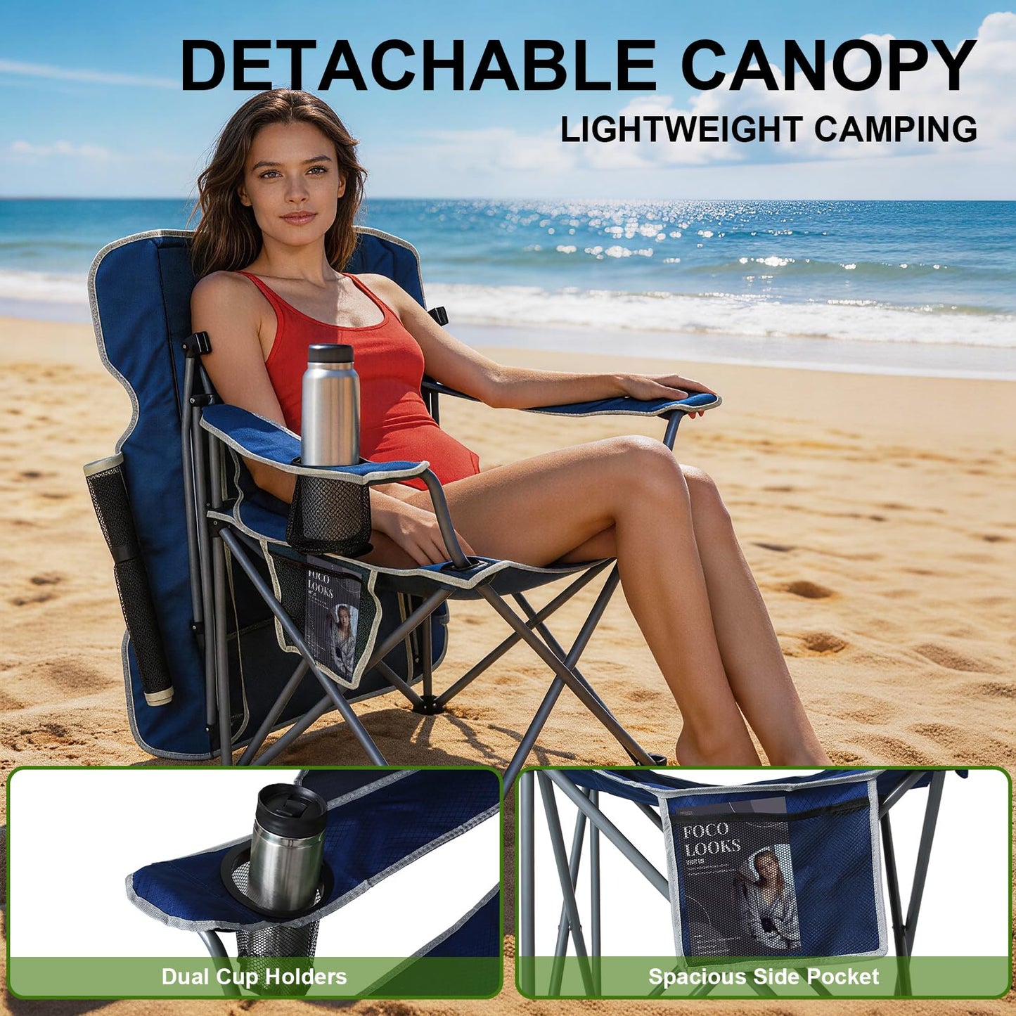 Romswi Folding Canopy Beach Camping Chairs for Adult 2 Pack, Portable Outdoor Chairs with Sunshade,Cup Holder & Side Pocket for Camping, Fishing, Beach, Backyard, Navy