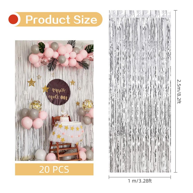20 Pack Silver Foil Curtain Backdrop 3.2ft x 8.2ft Foil Fringe Backdrop Curtain Metallic Tinsel Foil Fringe Curtains Streamer Backdrop Curtains for Birthday Party Decorations Photo Booth (Silver)