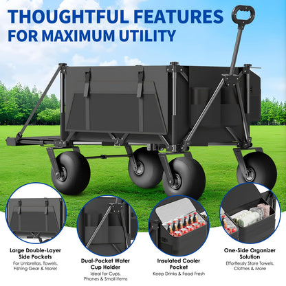 Beach Wagon with Big Wheels for Sand - 450lbs Load Heavy Duty Wagons Carts Foldable with 9" All Terrain Inflatable Tires, Collapsible Beach Cart for Grocery Shopping Garden Sports Camping Outdoor