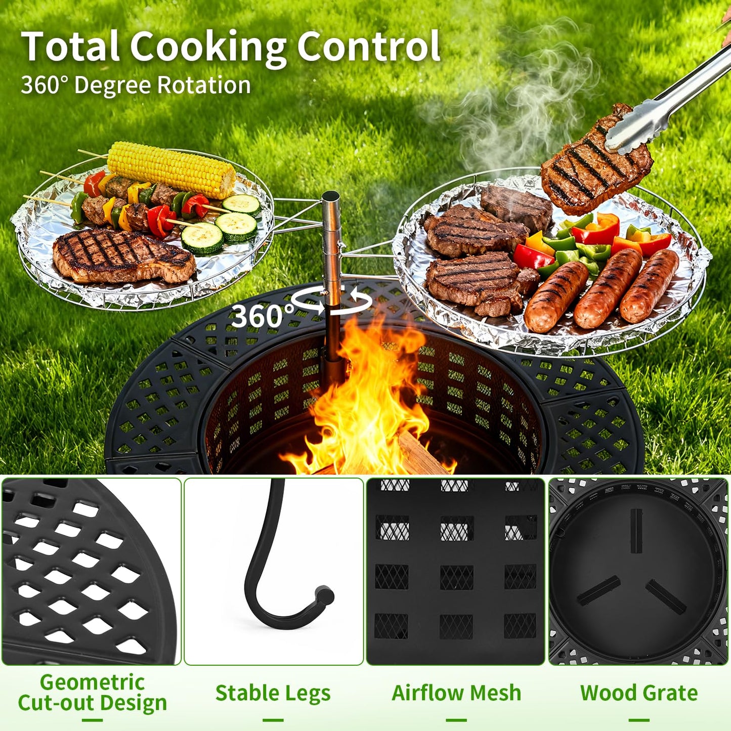 FDW 36 Inch Fire Pit with 2 Adjustable Grills,Wood Burning Fire Pits for Outside with Lid & Fire Poker, BBQ& Outdoor Firepit & Round Metal Table 3 in 1 for Patio, Picnic, Party