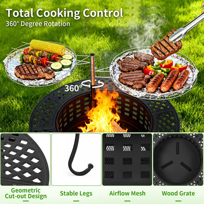 FDW 36 Inch Fire Pit with 2 Adjustable Grills,Wood Burning Fire Pits for Outside with Lid & Fire Poker, BBQ& Outdoor Firepit & Round Metal Table 3 in 1 for Patio, Picnic, Party