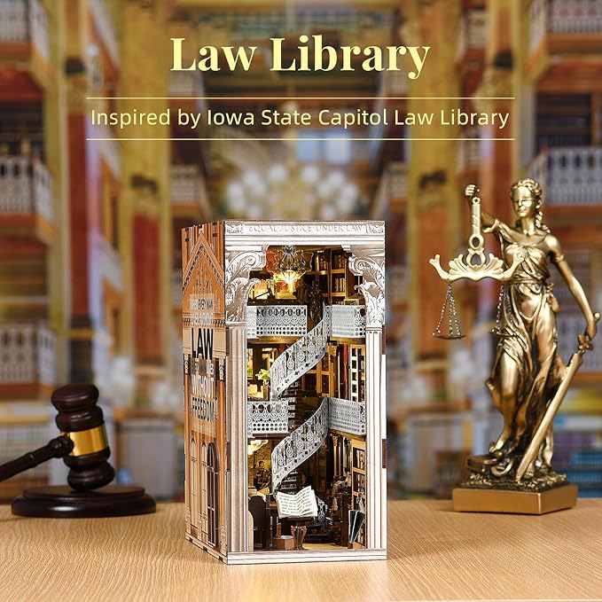 Book Nook Kit Library DIY Miniature House Kit 3D Wooden Puzzle Dollhouse Kit for Adults and Teens Bookshelf Booknook with LED Light (Law Library)