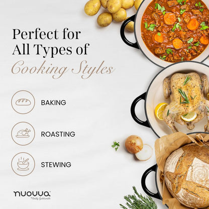 Nuovva Enamelled Cast Iron Dutch Oven Pot with Lid – 6.4 Quart Non Stick Casserole Pot – Heavy Duty & Oven Safe up to 500° F for Bread Baking, Braising, Stews, Roasting – 28cm Black
