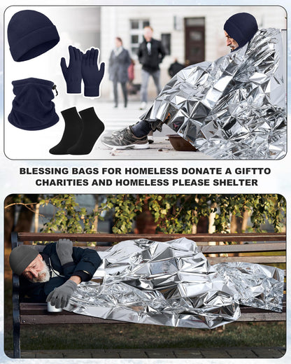 Silicherry 100 Pcs Homeless Care Package Supplies Bulk Emergency Blankets Winter Beanies Hats Scarf Gloves Socks Set