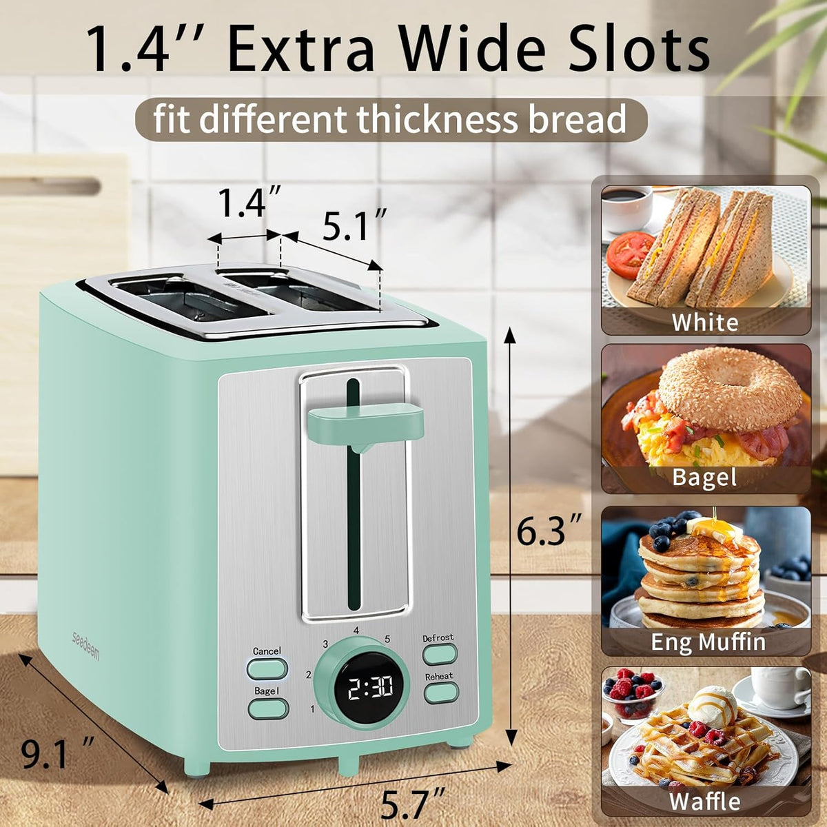 SEEDEEM 2-Slice Toaster - LCD Display, 7 Shade Settings, Extra Wide Slots, Azure Blue