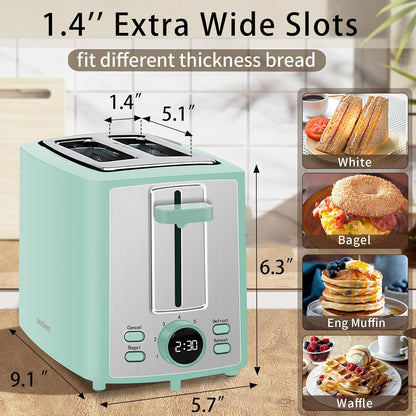 SEEDEEM 2-Slice Toaster - LCD Display, 7 Shade Settings, Extra Wide Slots, Azure Blue