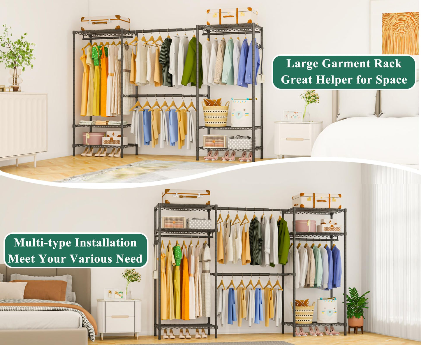 Exglobol Heavy Duty Garment Rack, Portable Expandable Freestanding 4 Tiers Adjustable Wire Shelves Clothes Rack with 2 Retractable Poles, 70.9-86.6" L x 15.7" W x 76.8" H, Max Load 900LBS, Black