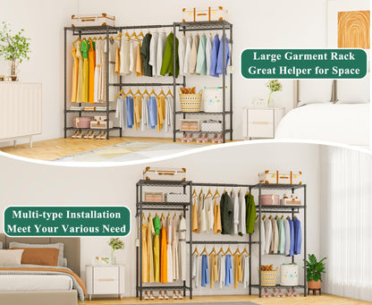 Exglobol Heavy Duty Garment Rack, Portable Expandable Freestanding 4 Tiers Adjustable Wire Shelves Clothes Rack with 2 Retractable Poles, 70.9-86.6" L x 15.7" W x 76.8" H, Max Load 900LBS, Black
