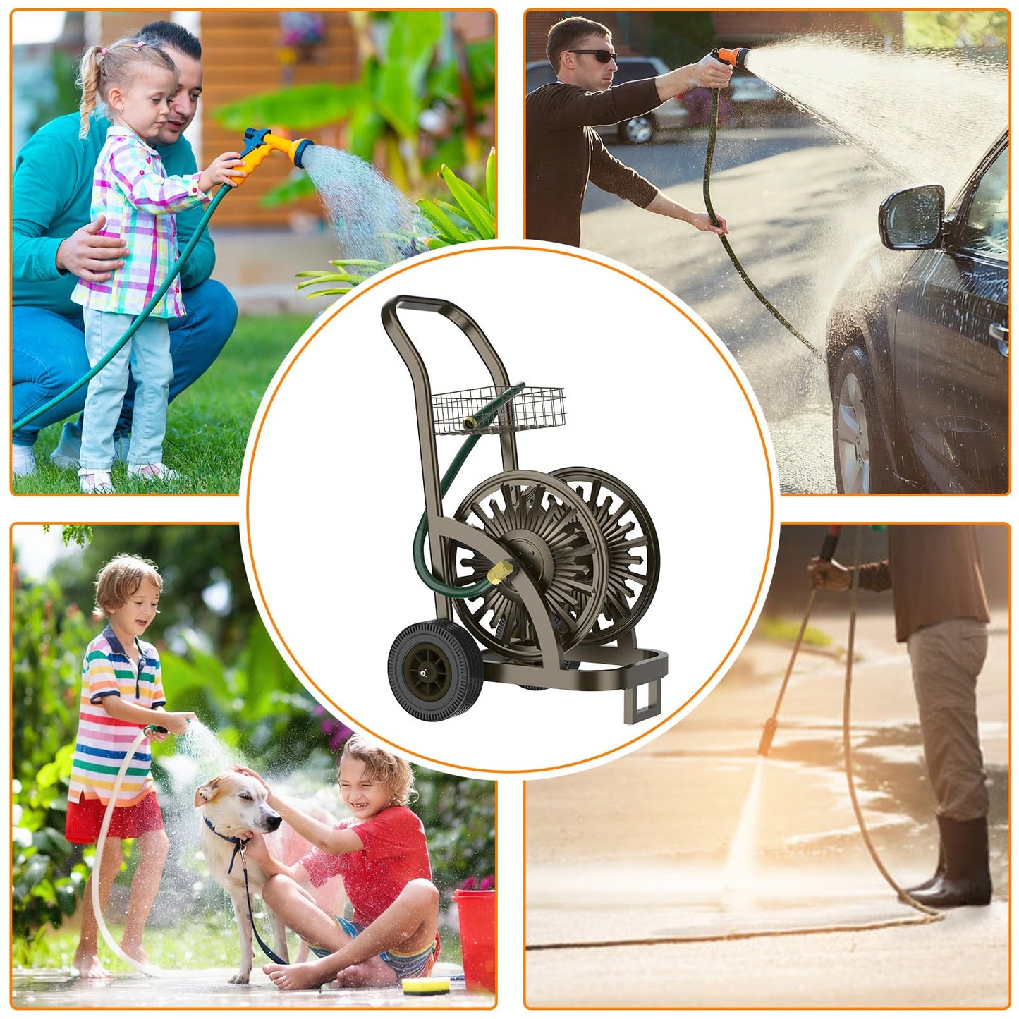 GOFORWILD Heavy Duty Steel Garden Hose Reel Cart with Wheels - Holds 200ft of 5/8 Hose, Storage Basket & Anti-Tip Design - Mobile Water Reel for Lawn, Yard, Garden
