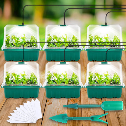 Yskea Seed Starter Tray with Light, 6PCS Seed Starter Kit with Grow Light, Seedling Starter Trays with Humidity Domes, Covers Height 3.9", Indoor Gardening Plant Germination Trays (12 Cells per Tray)