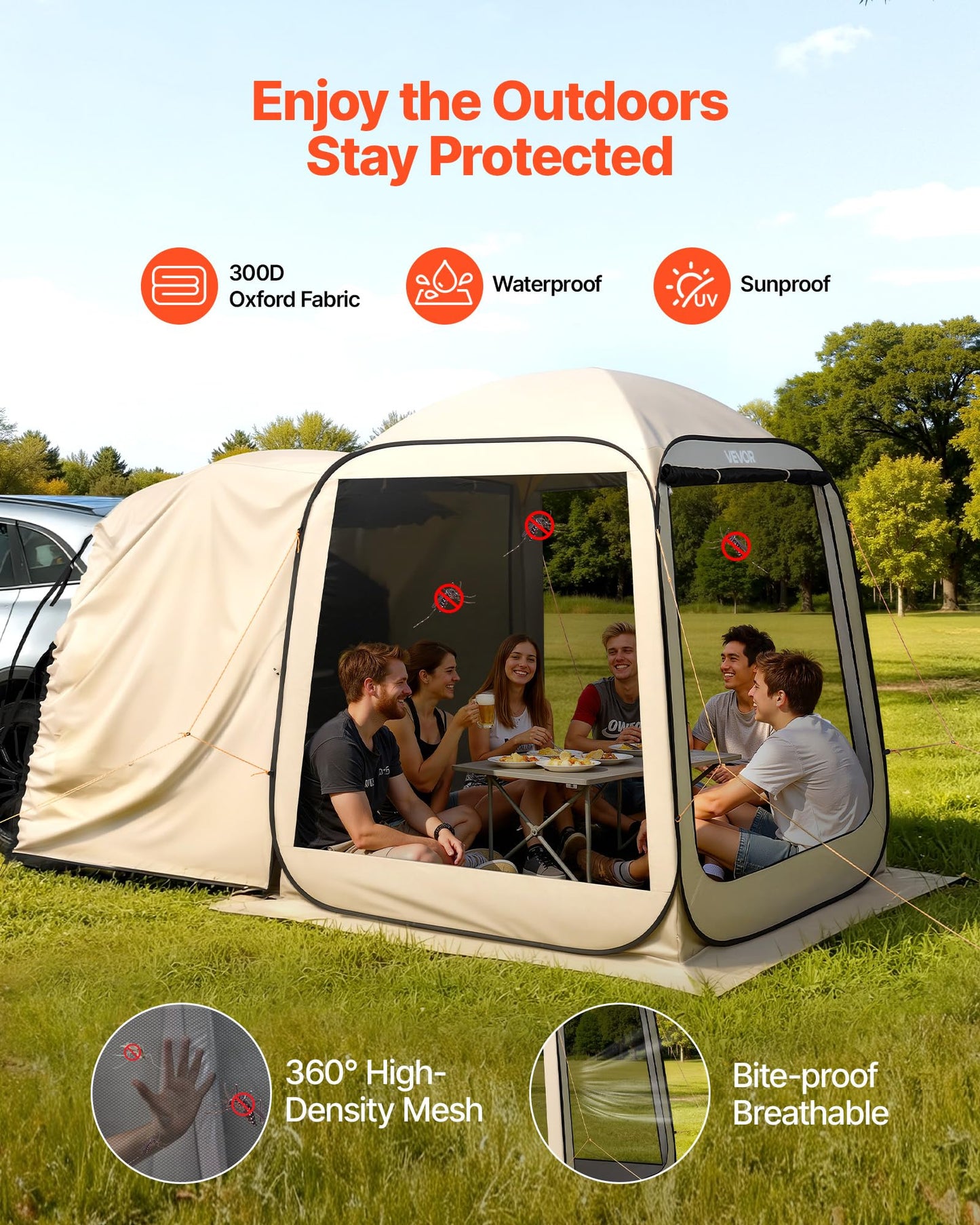 VEVOR SUV Tailgate Tent, 6 x 6 ft Pop-Up Screen House Canopy for 4–6 Person, Portable Screened Shelter with Carry Bag, for Car Camping, Backyard, Patio, Outdoor Activities
