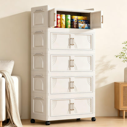 FoldTrend 5 Tier Foldable Storage Cabinet with Lids, 313QT Large Premium PP Storage Organizer with Magnetic Doors and Wheels, Heavy Duty White Storage Bins for Home, Office, Kitchen, Dorm