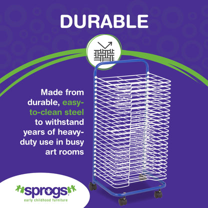 Sprogs 25-Shelf Mobile Art Drying Rack for Classrooms and Art Studios, Heavy-Duty Steel Rolling Art Rack Cart with 25 Shelves, Blue/White