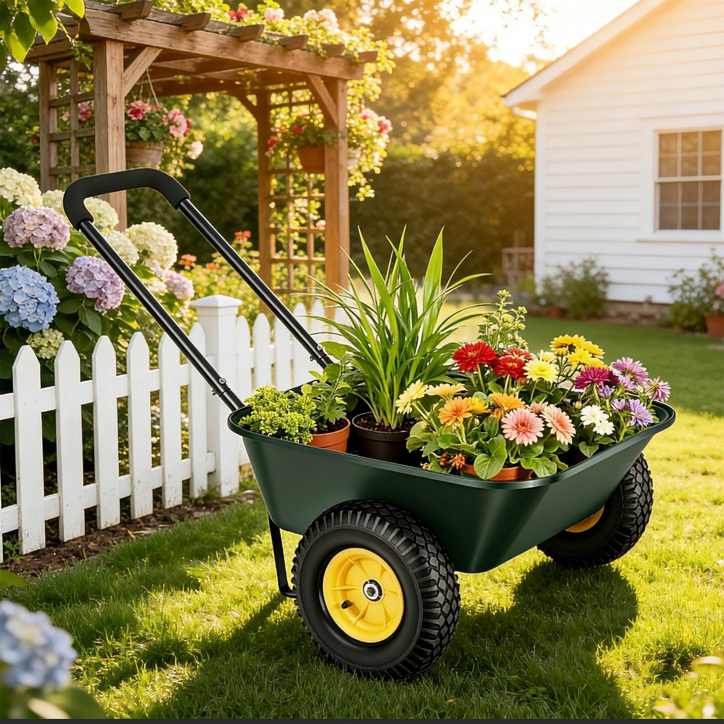 Ultym 2 Wheel Wheelbarrow, Dual-Wheel Garden Dump Cart with 10" Non-Slip Pneumatic Tires & Ergonomic Padded Handle, Heavy-Duty Home Utility Yard Cart Wagon with 3 Cu Ft Capacity for Lawn, Gardening