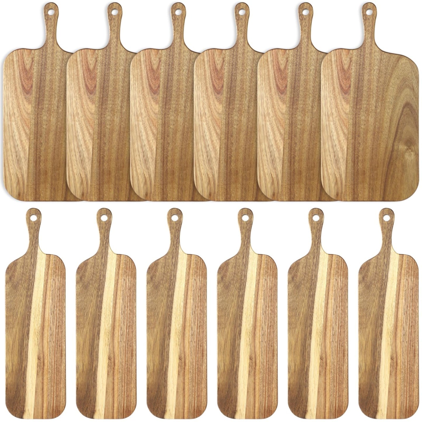 12 Pcs Wood Cutting Board Set with Handle, Acacia Wood Charcuterie Board, Small Size Long Wooden Charcuterie Board Paddle Cheese Board Serving Boards for Kitchen Meat, Pizza,Chees, 16.1×4.7", 15×7.5"