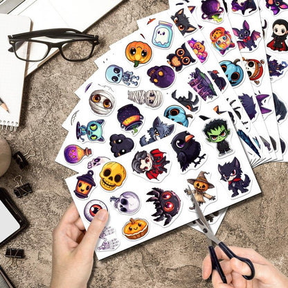 Halloween Style Cartoon Stickers Pack Cute Ghost Witch Pumpkin Cat Designs Vinyl Waterproof Non Repeating Holiday Party Decor for Kids Teens Lovers 108Pcs Hat Skateboard