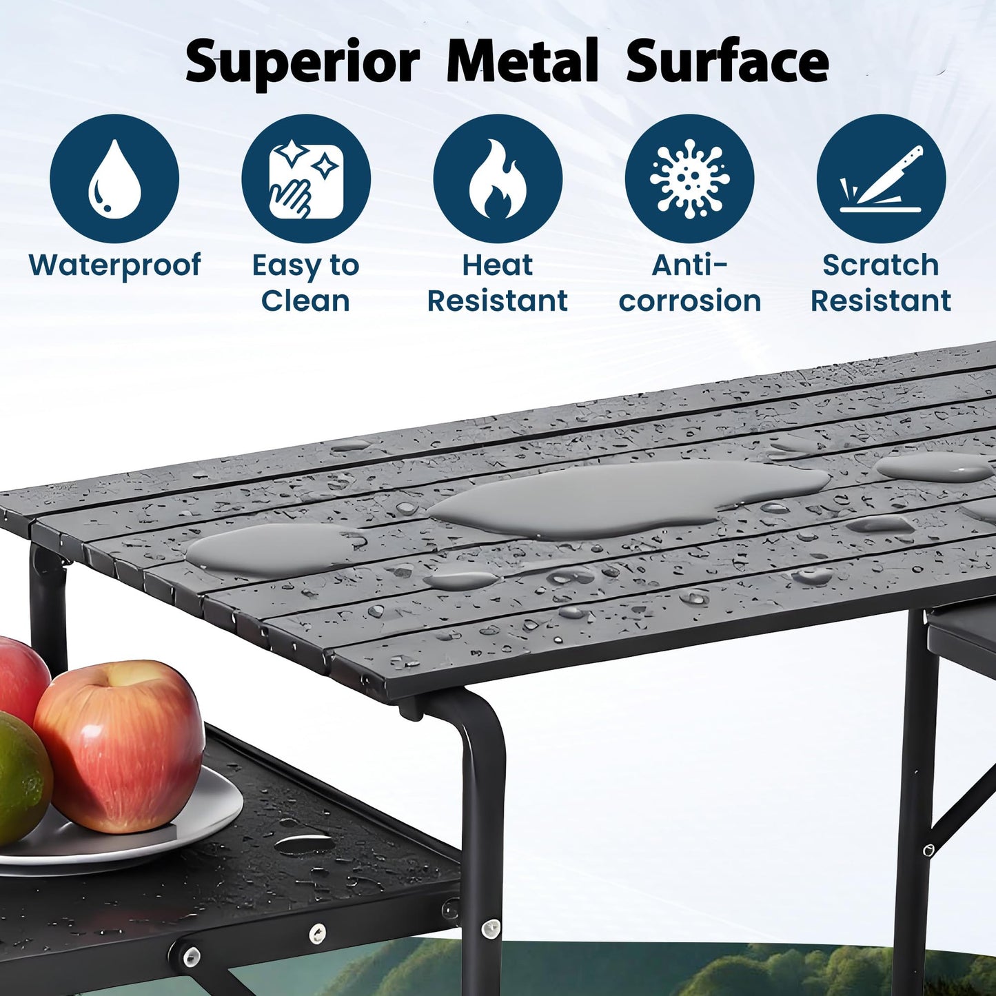 Foristrail Slim-Fold Camping Kitchen Table, Metal Folding Portable Outdoor Cook Station with 4 Side Tables, 2 Storage Shelves & Carrying Bag, Heat Resistant Quick Set-Up for Picnic BBQ