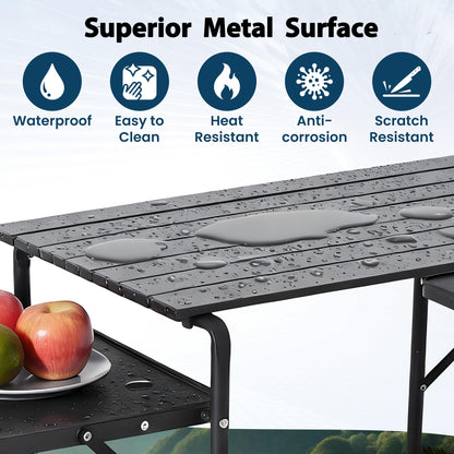 Foristrail Slim-Fold Camping Kitchen Table, Metal Folding Portable Outdoor Cook Station with 4 Side Tables, 2 Storage Shelves & Carrying Bag, Heat Resistant Quick Set-Up for Picnic BBQ