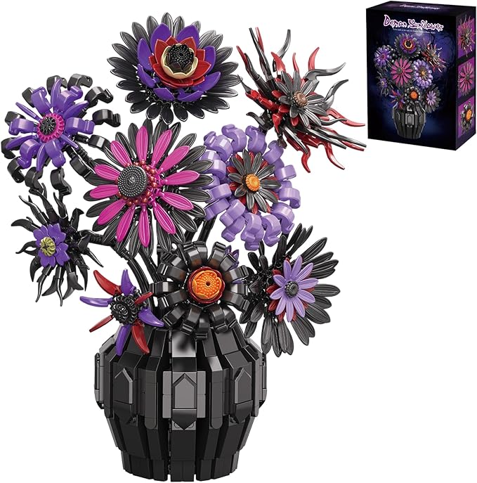 Flower Bouquet Building Blocks Set with Vase Purple Sunflower Brick Flowers DIY Artificial Flower Decor Building Toy for Adults Desk Home Decoration Gift for Women