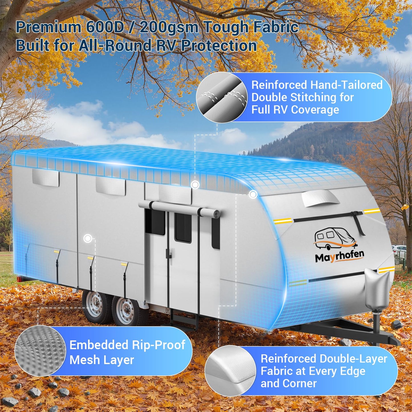 600D Oxford Fabric RV Cover 35-38ft Travel Trailer Cover, 6 Layers Breathable Waterproof Rip-Stop Camper Cover with Adhesive Repair Patches, Gutter, Tire & Additional Straps