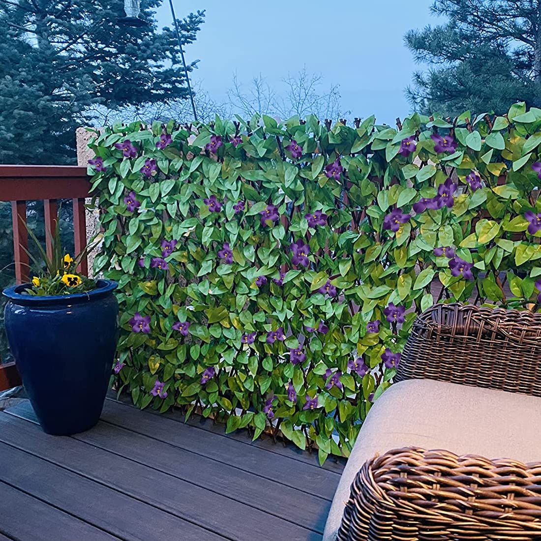 GLANT Expandable Fence Privacy Screen for Balcony Patio Outdoor,Decorative Faux Ivy Fencing Panel,Artificial Hedges (Single Sided Leaves) (4, Purple Flowers)