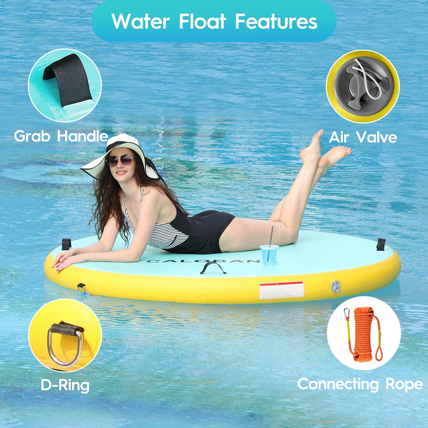 CALOBANA Inflatable Floating Dock Platform, Round Inflatable Floating Island Raft with Portable Storage Carrying Bag for Pool Lake Beach Ocean Party