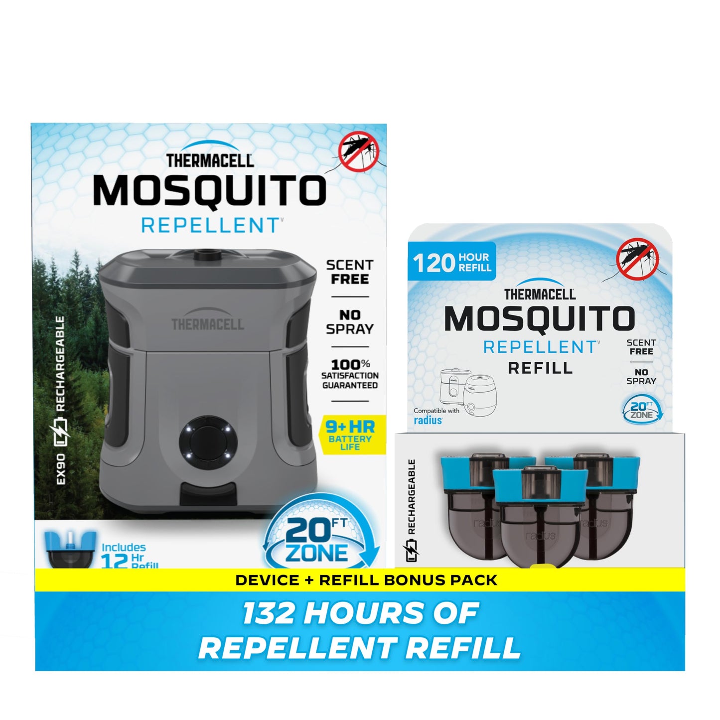 Thermacell Mosquito Repellent Rechargeable Adventure EX-Series EX90; 9-Hour Battery, Includes 12-Hr Refill & 120 of Hours Refills, Rubber Armor & Carabiner; Bug Spray Alternative; Scent Free;