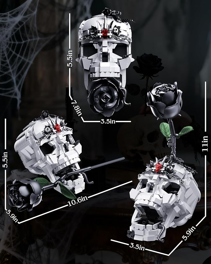 Skull Black Rose Flower Building Set 3 in 1 Gothic Horror Decor Botanical Artificial Flowers Collection Toys Ideal Home Office Decoration &amp Christmas Valentine's Day Gifts for Adults Women