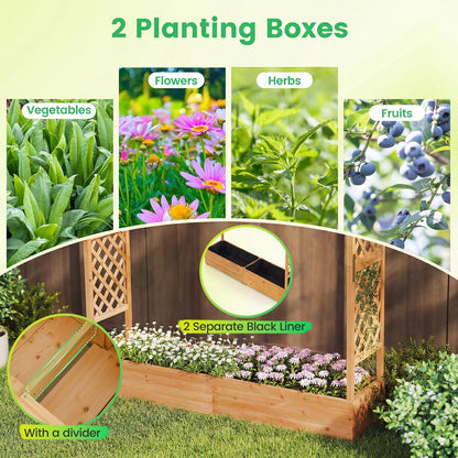 Giantex Raised Garden Bed with Trellis & Hanging Roof, Wood Planter Box with Bottom and Drainage Holes, Freestanding Garden Planter for Flower Vegetable Fruit Herb Climbing Vines, 77"x17"x70"