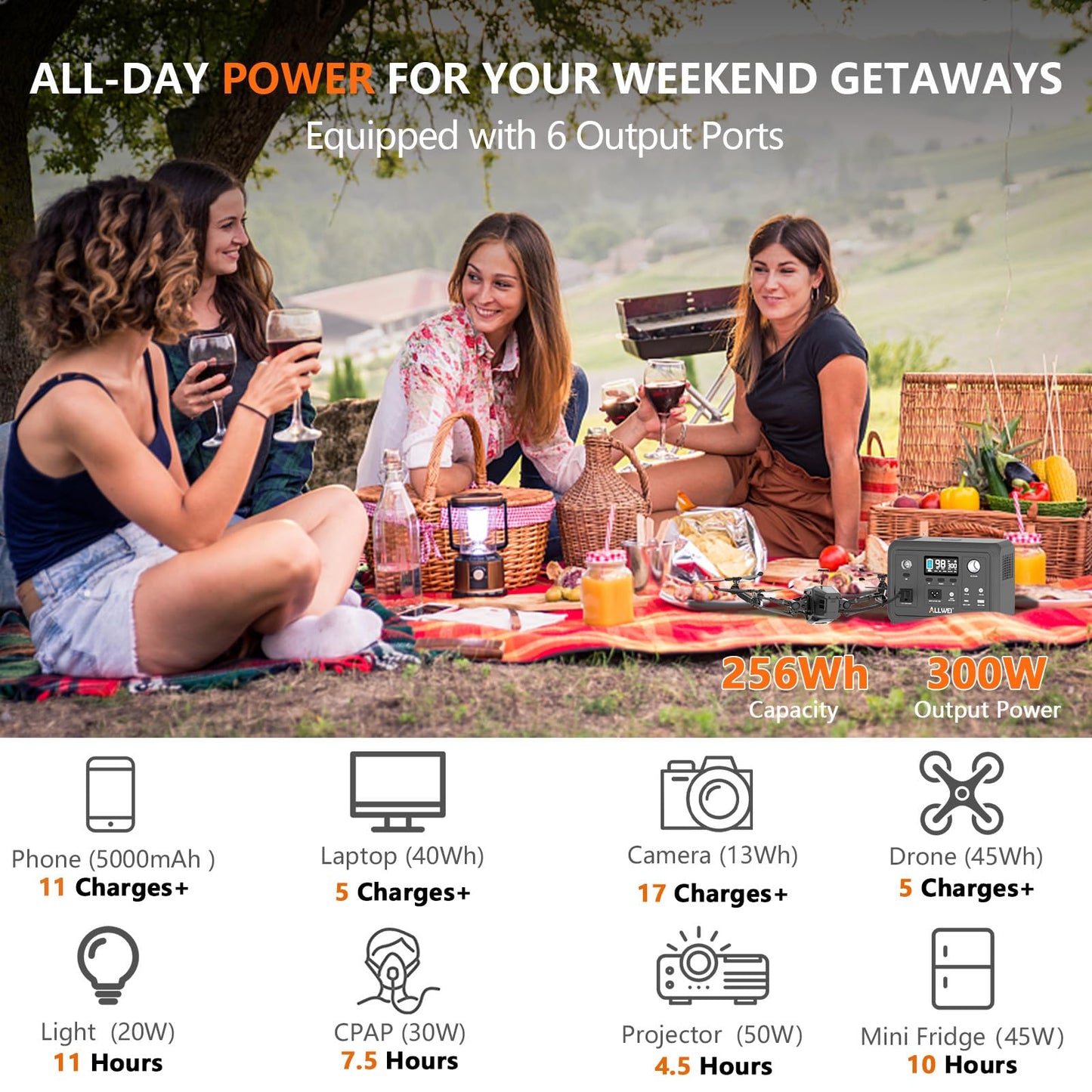 ALLWEI Portable Power Station 300W, 256Wh Solar Generator with 110V Pure Sine Wave AC Outlet,6 Output Ports,Backup LiFePO4 Battery Generator for Camping Outdoor Emergency Home (Solar Panel Optional)
