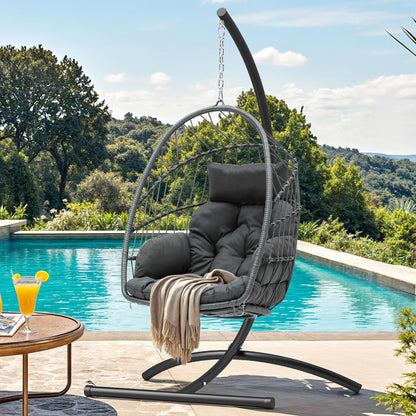 YITAHOME Hanging Egg Chair, Outdoor Patio Wicker Hammock Egg Chair Indoor with Cushion, Rattan Swing Chair 300lbs for Balcony, Garden Bedroom, Gray with Stand