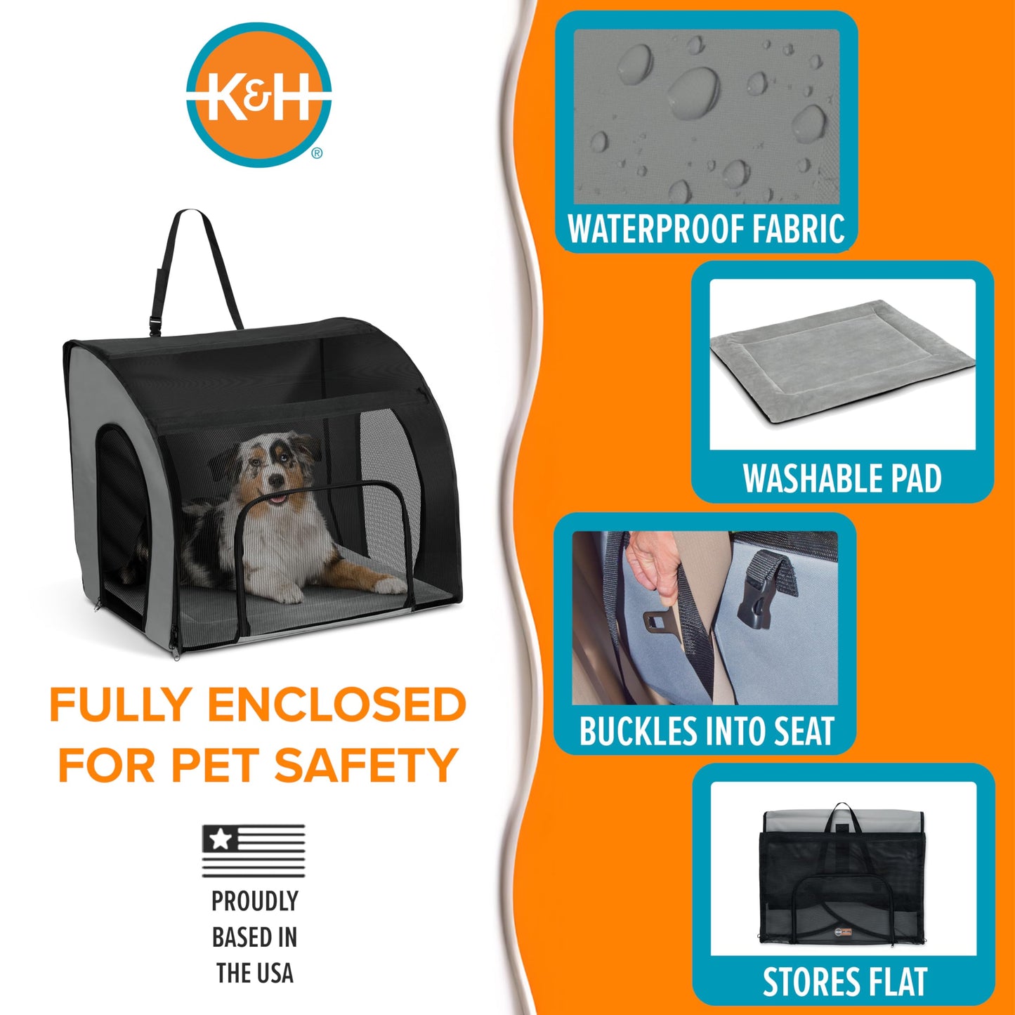 K&H Pet Products Enclosed Large Dog Car Seat, Travel Safety Carrier, Dog Travel Car Seat, Soft-Sided Covered Pet Carrier, Washable Pad, Multiple Entrances, Mesh Windows - Large 29.5 X 22 X 25.5in