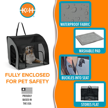 K&H Pet Products Enclosed Large Dog Car Seat, Travel Safety Carrier, Dog Travel Car Seat, Soft-Sided Covered Pet Carrier, Washable Pad, Multiple Entrances, Mesh Windows - Large 29.5 X 22 X 25.5in