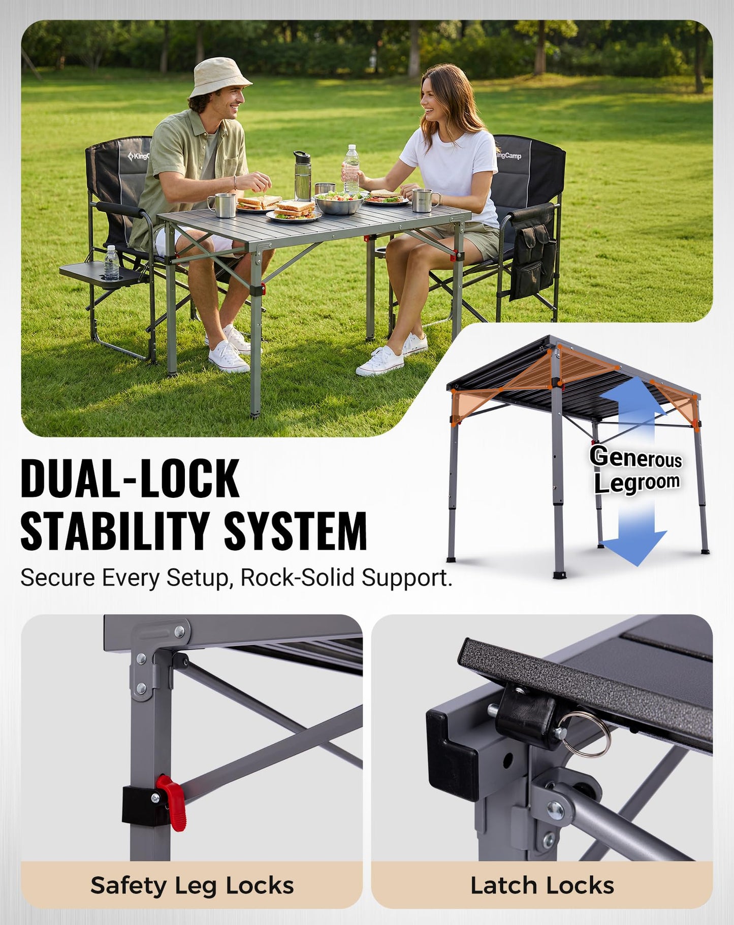 KingCamp Folding Camping Table Foldable Loads 265 Lbs, 42.1"× 27.6" Portable Table 3 Adjustable Height Aluminum Roll Up Camp Table with Carry Bag for Camping Picnic BBQ Backyard, Indoor & Outdoor