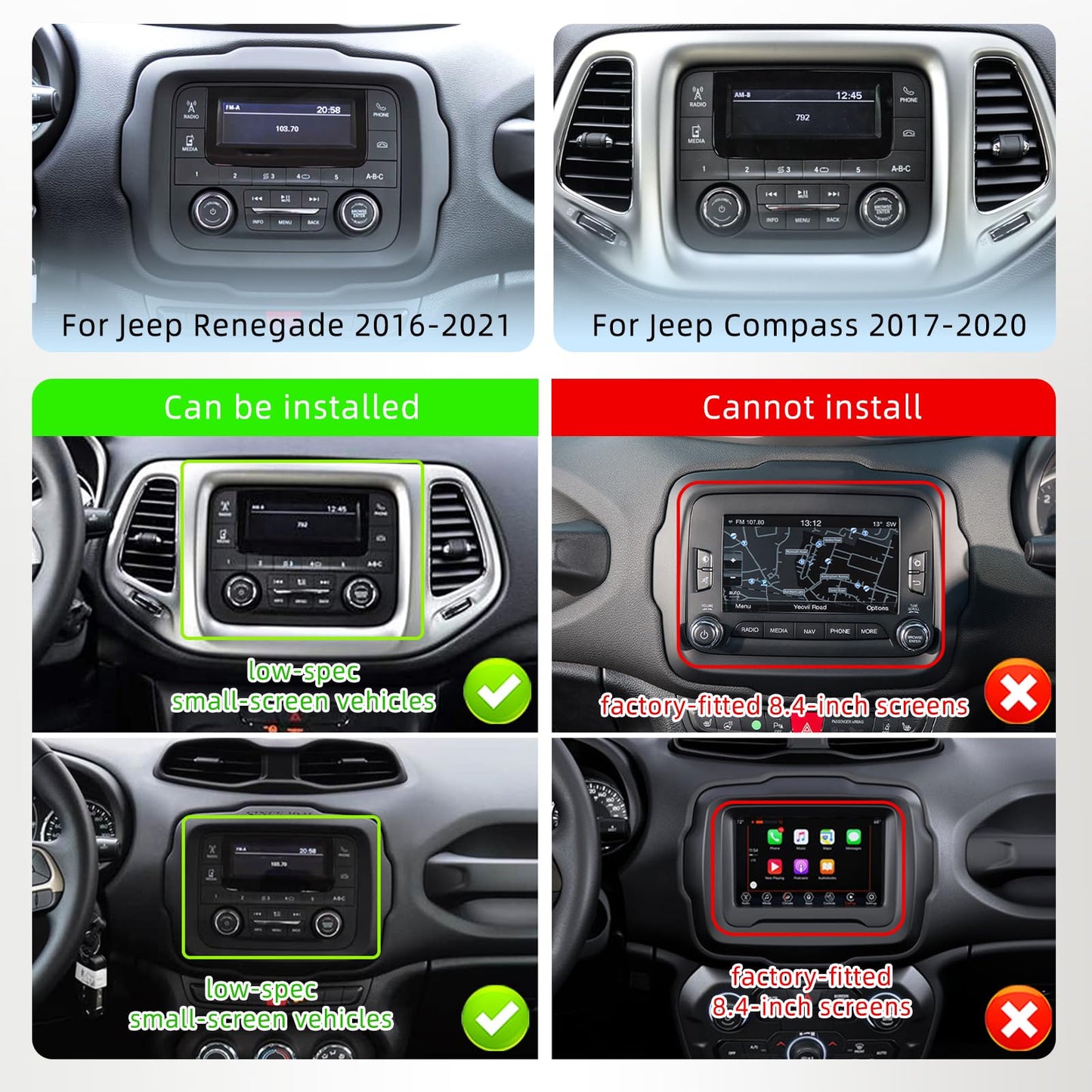 4G+64G Car Stereo For Jeep Renegade 2016-2021/Compass Android 7 Inch Incell Touch Screen Stereo GPS Navigation with Wireless Carplay Android Auto Double Din Car Radio Bluetooth DSP WiFi FM RDS, Camera