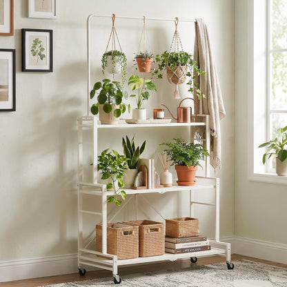 Plant Stand, 4-Tier Foldable Plant Shelf with 3 Shelves and Hanging Rod, Rolling Plant Stand with Wheels, No Assembly Flower Pot Stand for Indoor Outdoor, Sturdy Anti-Tip Plant Rack (Cream White)