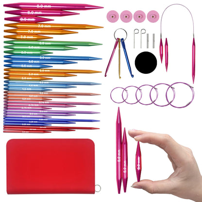 Lewhoo Circular Knitting Needles Set with Case,11 Pairs Interchangeable Aluminum Circle Needles with 5 Cables 3.0~8.0mm Multicolored