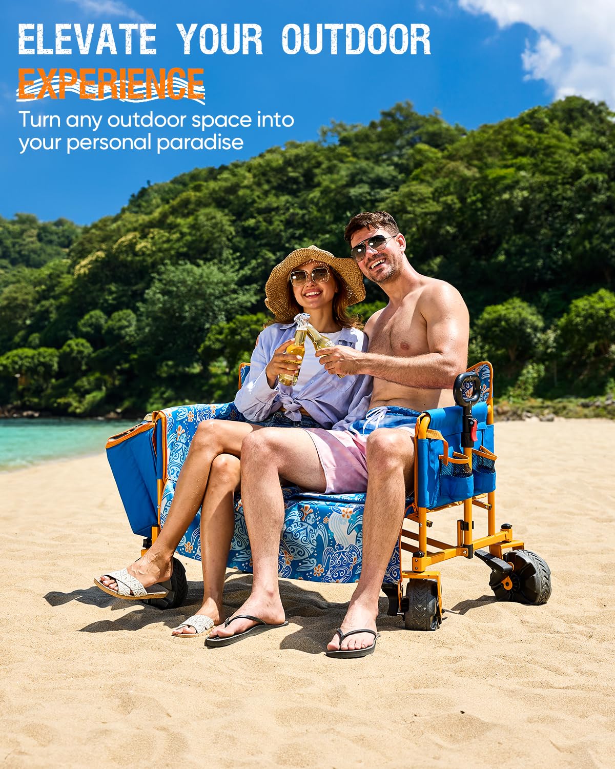 Old Bahama Bay 500lbs Love-Seat Wagon 3-in-1 Bench Wagon Seat for 2 Adults & Heavy Duty Utility Cart, 31L Detachable Cooler Bag, Adjustable Handle &Cup Holders,Perfect for The Beach, Sport, Camping
