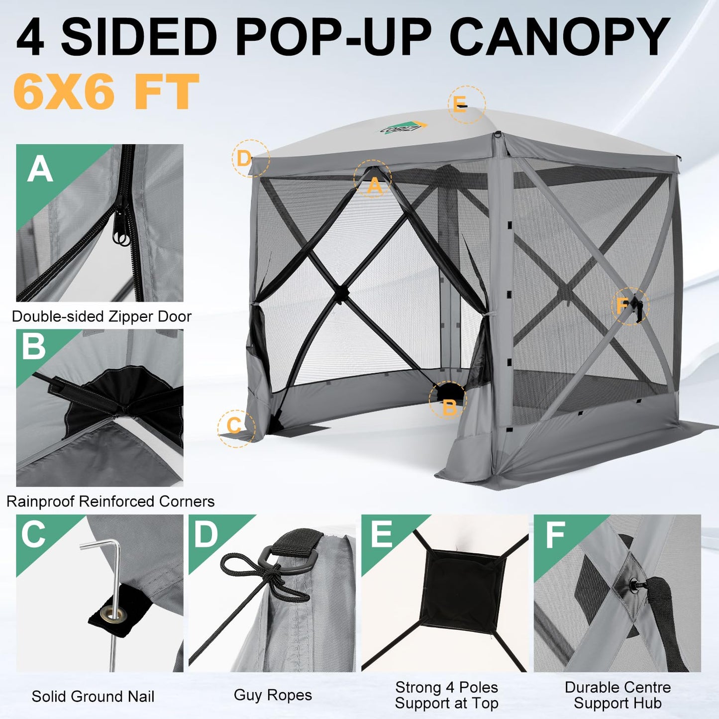 COBIZI 6x6 FT Pop up Gazebo, Popup Canopy Tent, Screened in Gazebos, Waterproof Portable Outdoor Small Screen Tents Sun Shelter,carpas para Patio for Camping, Garden and Backyard,Grey