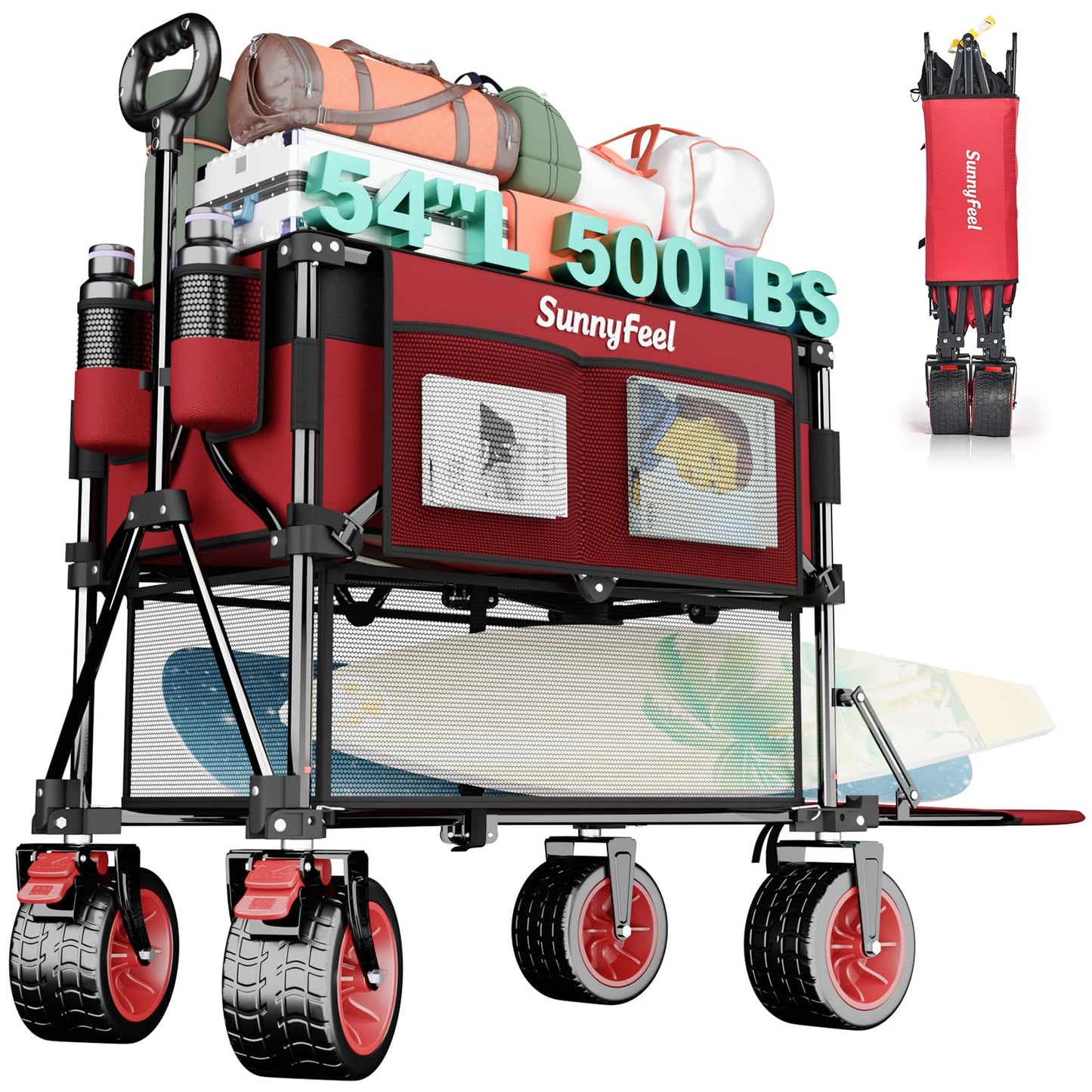 SUNNYFEEL Double Decker Folding Wagon Cart - 500lbs Heavy Duty Collapsible Utility Wagon with All Terrain Big Wheels & Drop Down Tailgate,400L Large Capacity Wagon for Camping,Garden,Sports